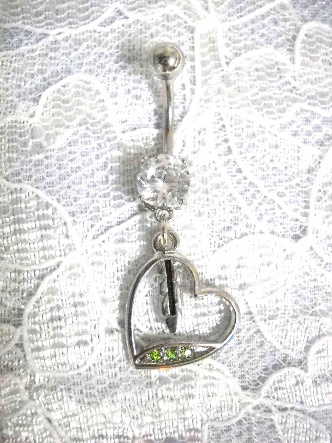 CLEARANCE SALE NATIVE SPIRIT HEART w FEATHER on 14g CLEAR CZ BELLY RING