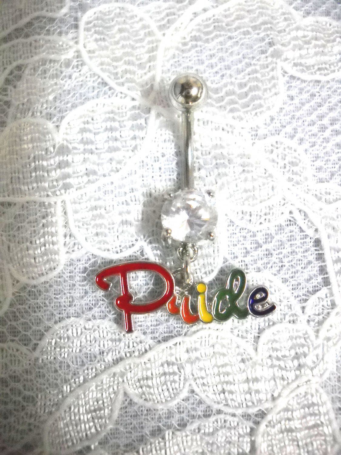 COLORFUL RAINBOW GAY PRIDE SCRIPT TEXT ON 14g CLEAR CZ NAVEL BELLY RING