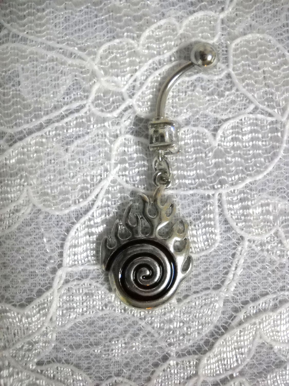 MAORI TRIBAL WARRIOR ART OF WAR SPIRAL w FLAMES 14g CLEAR CZ NAVEL BELLY RING