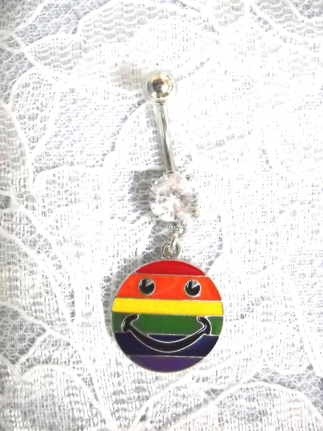 RAINBOW GAY PRIDE CLASSIC SMILEY FACE 14g CLEAR CZ NAVEL BARBELL BELLY RING