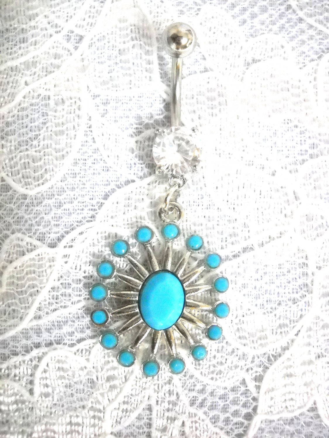 NATIVE STYLE NEEDLEPOINT BURST TURQUOISE BLUE GEMS CLEAR CZ BELLY BUTTON RING