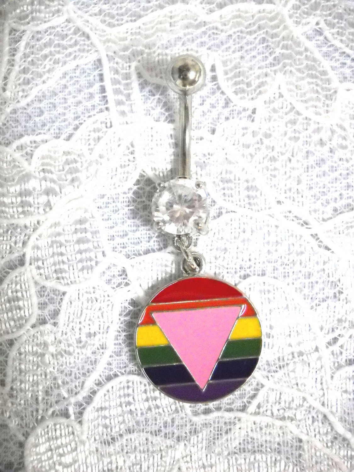 RAINBOW ROUND PINK TRIANGLE SS CLEAR CZ BELLY RING PIERCING