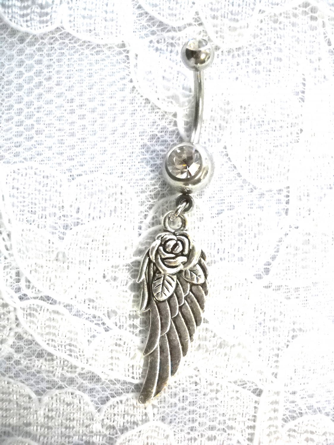 PRETTY ANGEL WING w ROSE FLOWER 2 SIDED CHARM ON 14G CLEAR CZ BELLY BUTTON RING