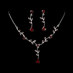 Silver Burgundy Dangle Floral Bridal Set NE 328