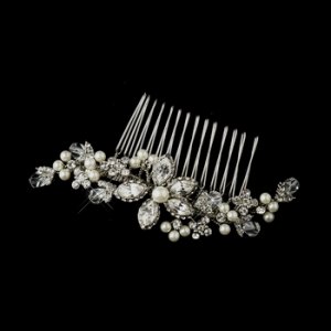 Antique Silver Ivory Pearl, Clear Swarovski Crystal & Rhinestone Side Comb 9989