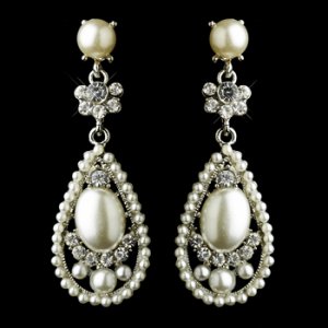 Antique Silver Clear Rhinestone & Diamond White Pearl Bridal Earrings 22585