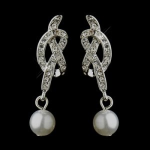 Silver White Pearl and Clear Rhinestone Love Knot Bridal Earrings 24022