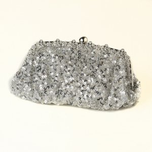 Silver with Black Sequin Evening Bag 325 with Silver Frame & Shoulder Strap