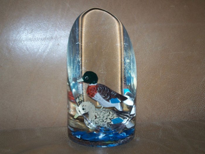 Hand Carved Painted Wood Mallard 7" Lucite Paperweight