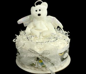 1 Tier Ty Angel Diaper Cake Baby Shower Centerpiece Gift Neutral Halo Heaven Sent