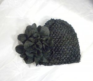 Midnight Black Waffle BEANIE Cap Hat Crochet Hair Flower Clip Baby Infant Toddler Girl Brooch