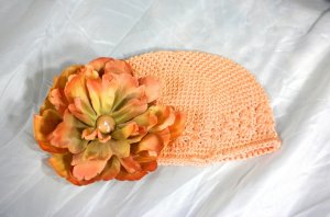 Peach n' Orange Flower Waffle BEANIE Cap Hat Crochet Hair Flower Clip Baby Infant Toddler