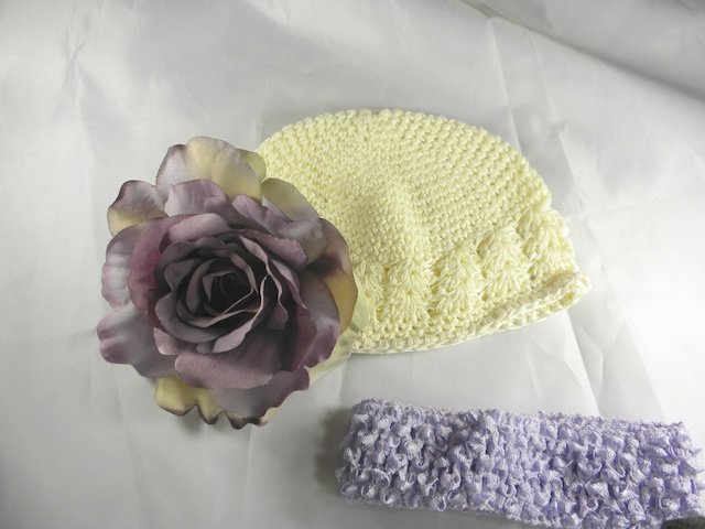 Cream n' Purple Flower Waffle BEANIE Cap Hat Crochet Hair Flower Clip Baby Infant Toddler