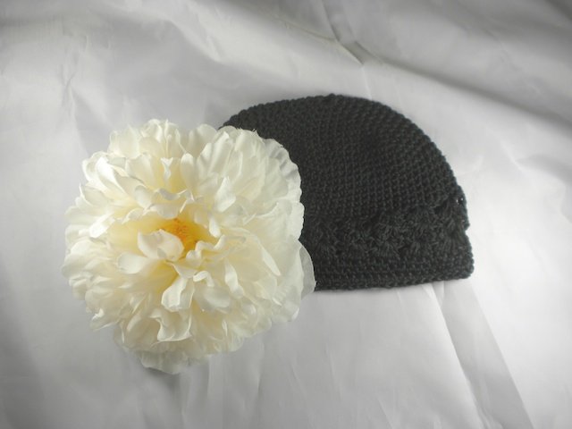 Black n' Cream Flower Waffle BEANIE Cap Hat Crochet Hair Flower Clip Baby Infant Toddler