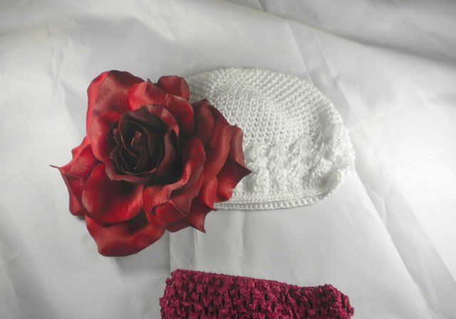 White n' Red Flower Waffle BEANIE Cap Hat Crochet Hair Flower Clip Baby Infant Toddler
