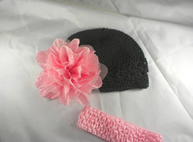 Pink n' Black Waffle BEANIE Cap Hat Crochet Hair Flower Clip Baby Infant Toddler Girl Brooch