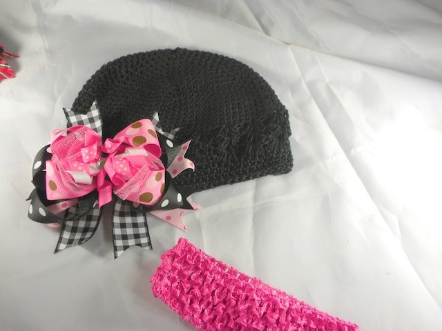 Hot Pink White Black Waffle BEANIE Cap Hat Crochet Hair Bow Clip Baby Infant Toddler Girl