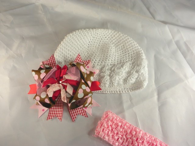 Red Pink Brown White Waffle BEANIE Cap Hat Crochet Hair Bow Clip Baby Infant Toddler Girl