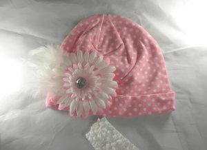 Pink n' White Polka Dot BEANIE Cap Hat Knit Hair Flower headband Baby Toddler Feathers