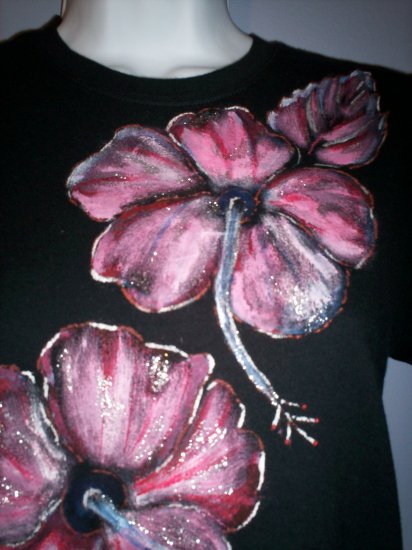 Black Hand Painted Pink Hibiscus T Shirt