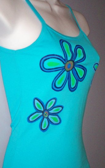 Turquoise Hand Painted Floral Spaghetti Strap Tank Size