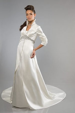 Long Sleeve High-neck Collar A-line Satin Wedding Dress WN0318