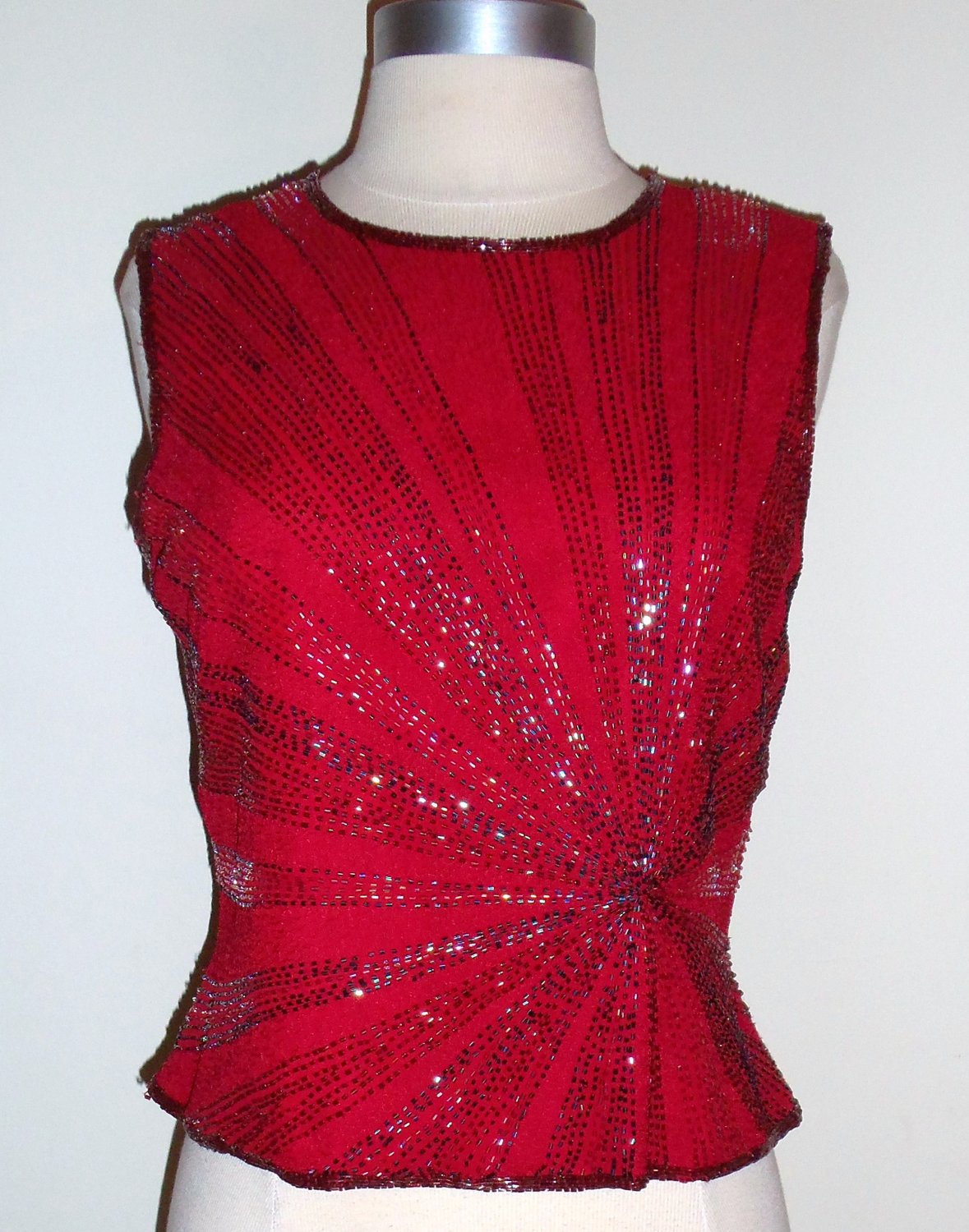 PAPELL BOUTIQUE Evening Red Beaded Blouse Size S