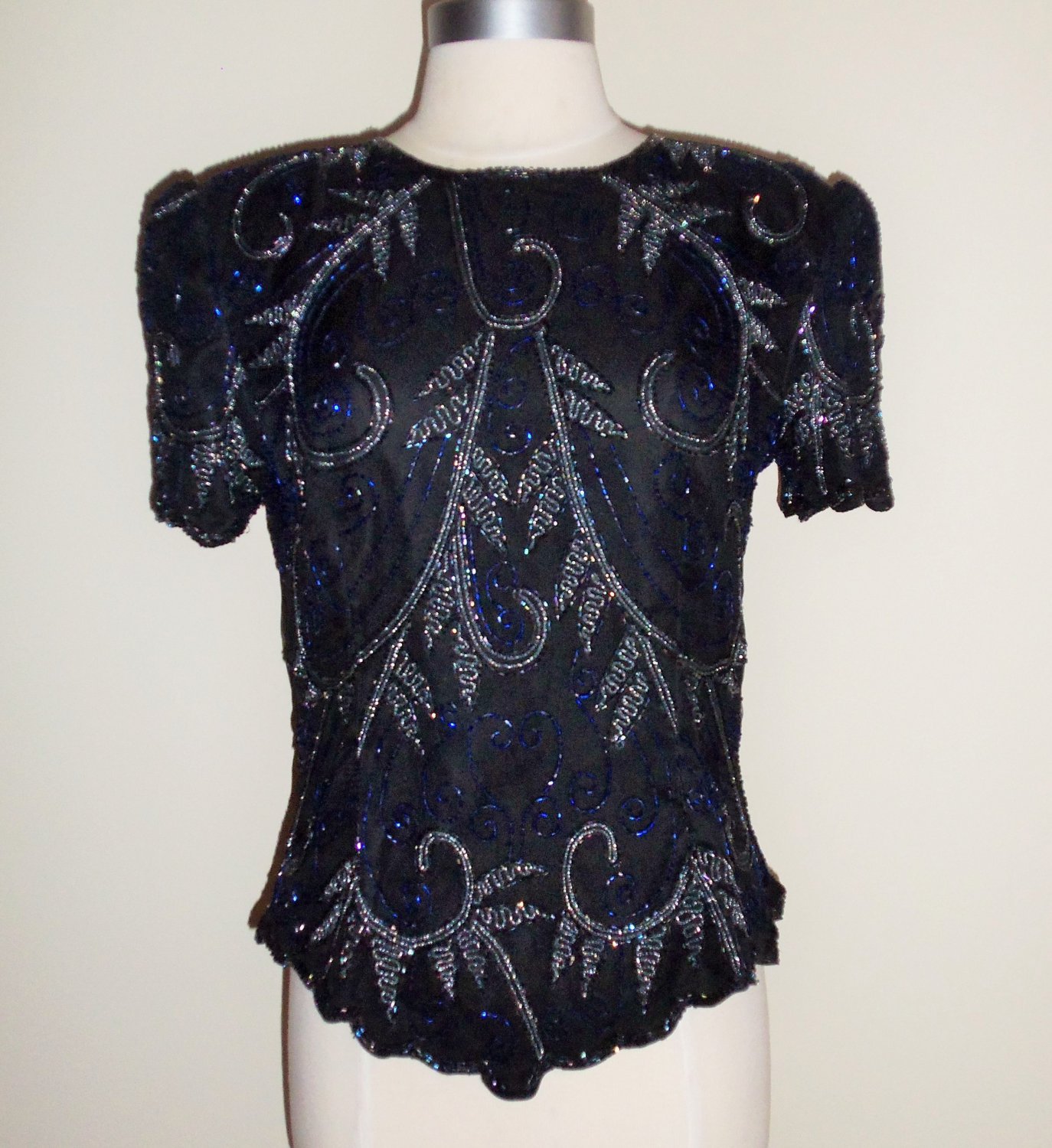 Vintage Stenay Black Silk Beaded Evening Blouse Size L