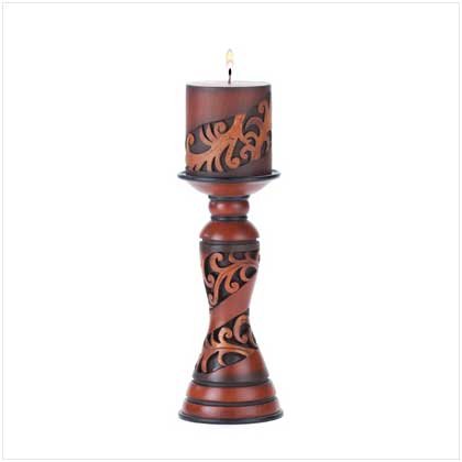CARVED CHESTNUT CANDLE & PEDESTAL Retail: $24.95