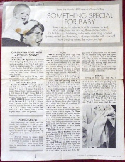 Knitted Christening Robe With Matching Bonnet plus three more patterns 1970 FREE SHIPPING