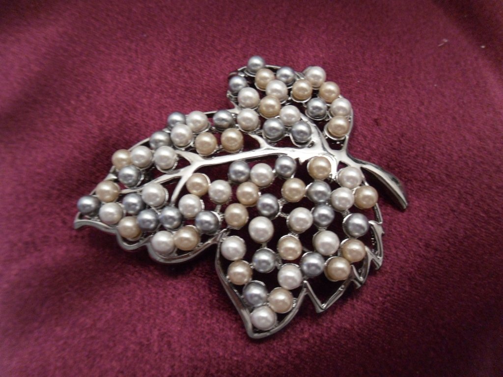 Large Leaf with Pearl Beads Brooch Costume Jewelry
