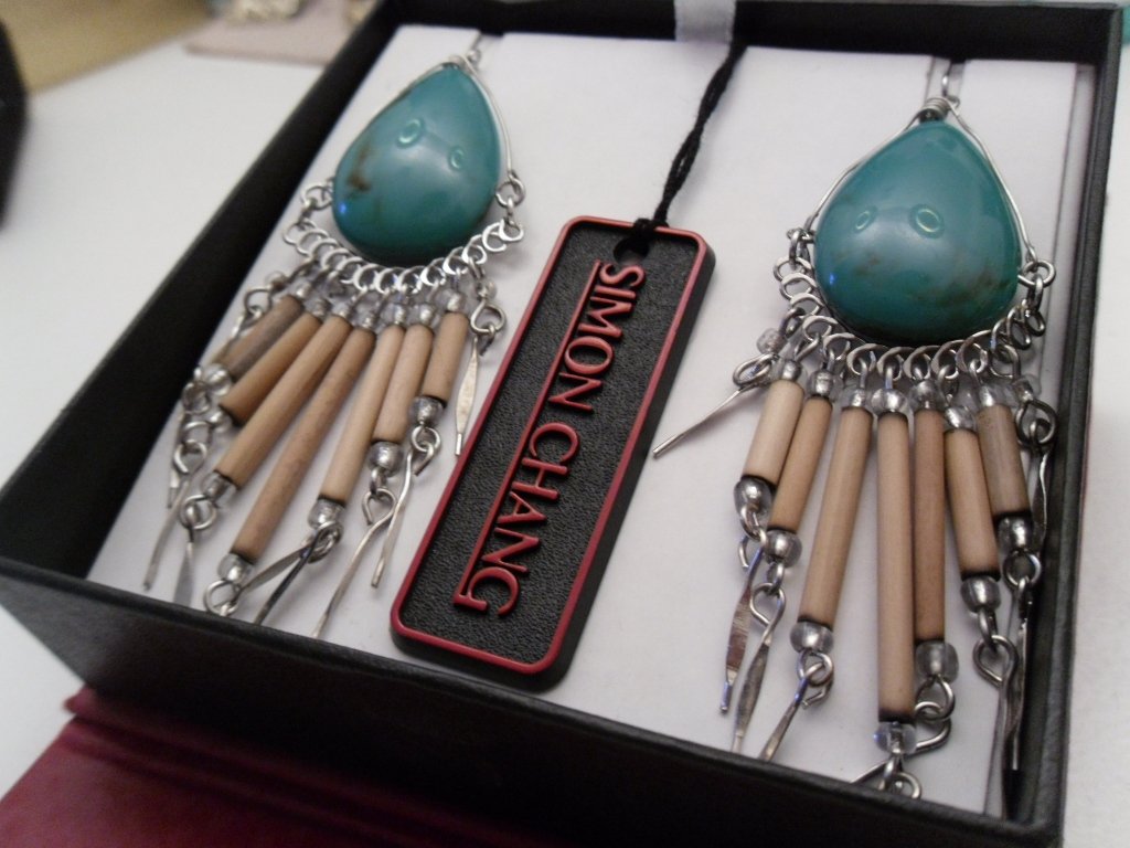 Simon Chang Turquoise and Wood Bead Earrings