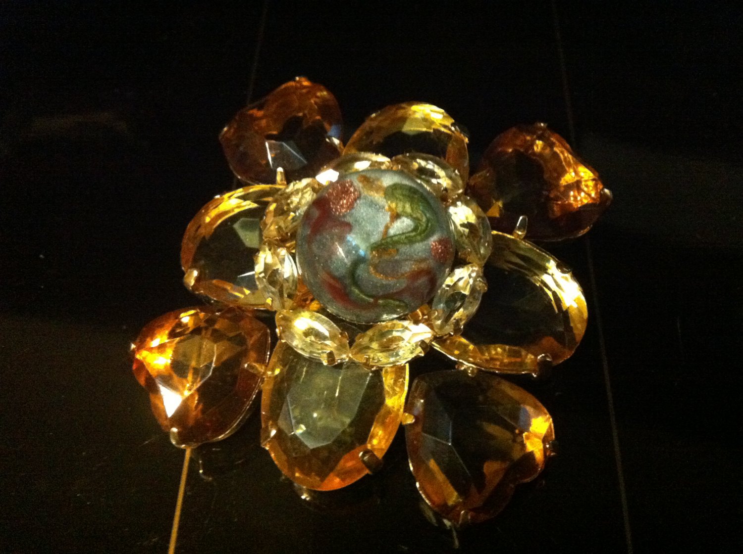 Vintage Square Amber Brooch Costume Jewelry