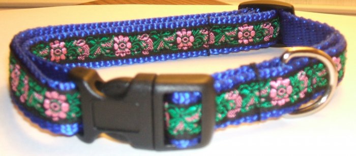S: Blue Nylon collar- Black & Pink Tapestry