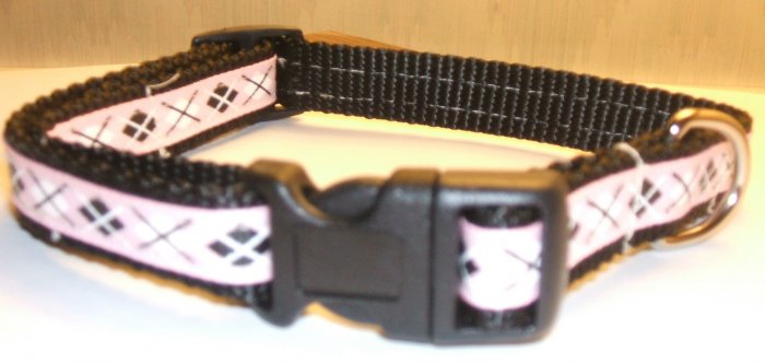 S: Black nylon collar- Pink & Black Argyle Geometric