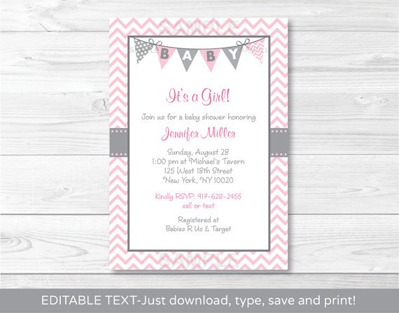 Modern Pink Chevron Printable Baby Shower Invitation Editable PDF