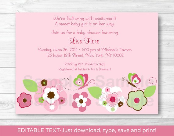 Pink Butterfly Flower Garden Printable Baby Shower Invitation Editable PDF #A106