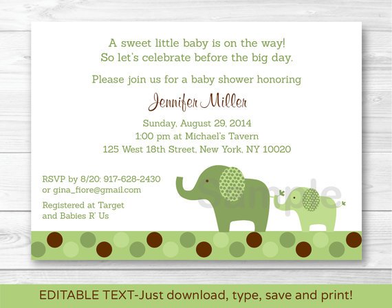 Green Polka Dot Elephant Printable Baby Shower Invitation Editable PDF #A107