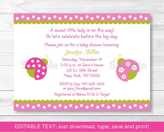 Pink Green Lil Ladybug Printable Baby Shower Invitation Editable PDF #A108