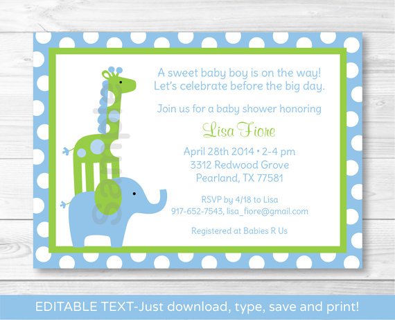 Mod Elephant Giraffe Jungle Printable Baby Shower Invitation Editable PDF #A113