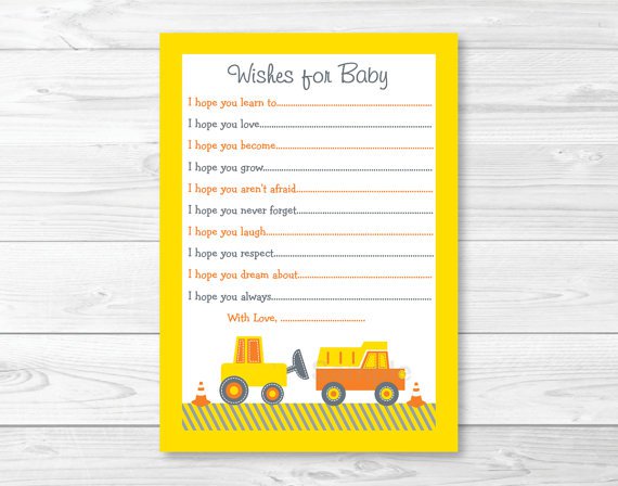 Construction Trucks Printable Baby Shower Wishes For Baby Advice Cards #A117