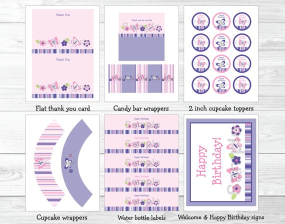 Pink Purple Butterfly Garden Printable Birthday Party Package #A120