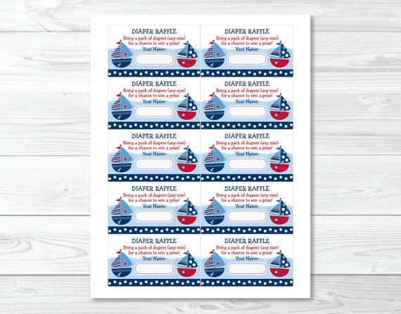 Sail Away Sailboat Nautical Blue Printable Baby Shower Diaper Raffle Tickets #A123