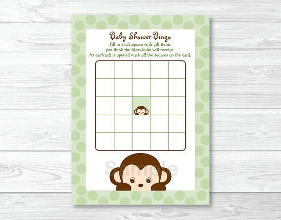 Mod Monkey Green Printable Baby Shower Bingo Cards #A125