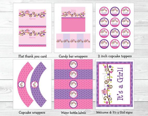 Girl Owl Blossom Printable Baby Shower Party Package #A133
