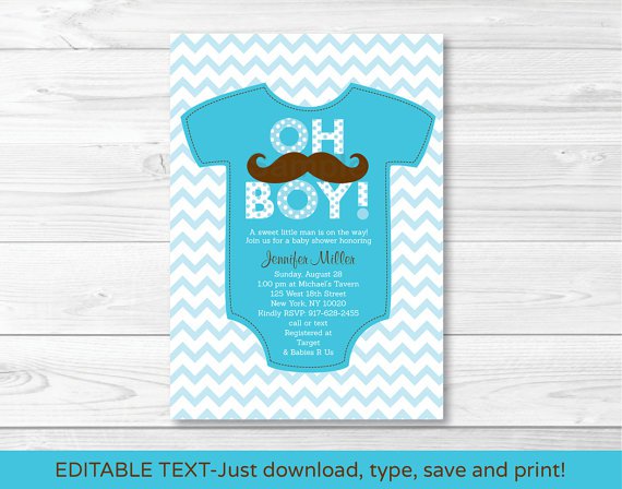 Little Man Mustache Chevron Printable Baby Shower Invitation Editable PDF #A138