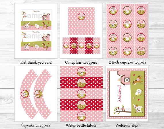 Pink Farm Animals Printable Birthday Party Package #A142