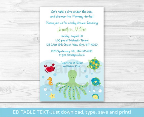 Under The Sea Calypso Octopus Crab Printable Baby Shower Invitation Editable PDF #A150