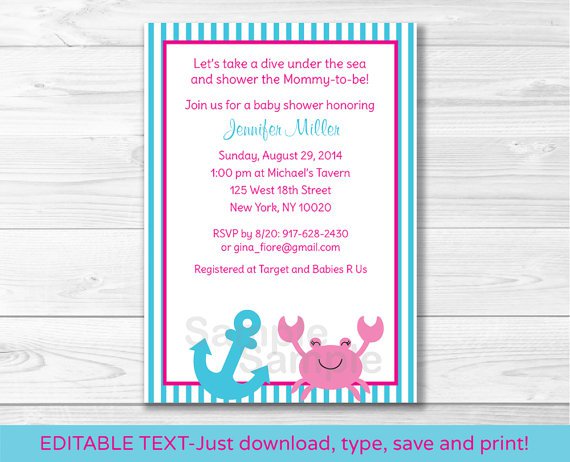 Pink Crab Under The Sea Nautical Printable Baby Shower Invitation Editable PDF #A151