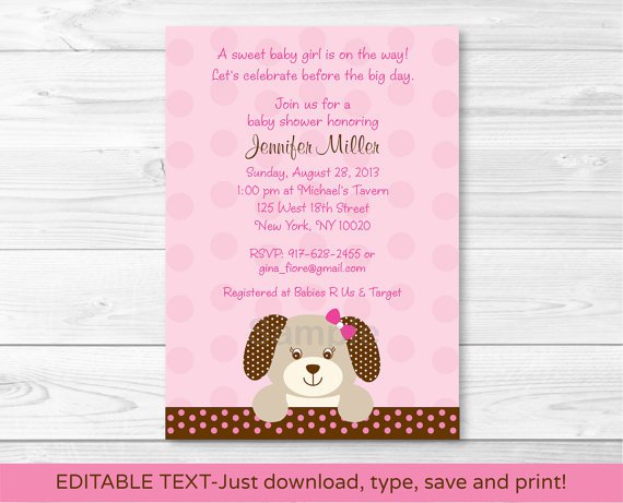 Pink Puppy Dog Polka Dot Girls Printable Baby Shower Invitation Editable PDF #A152
